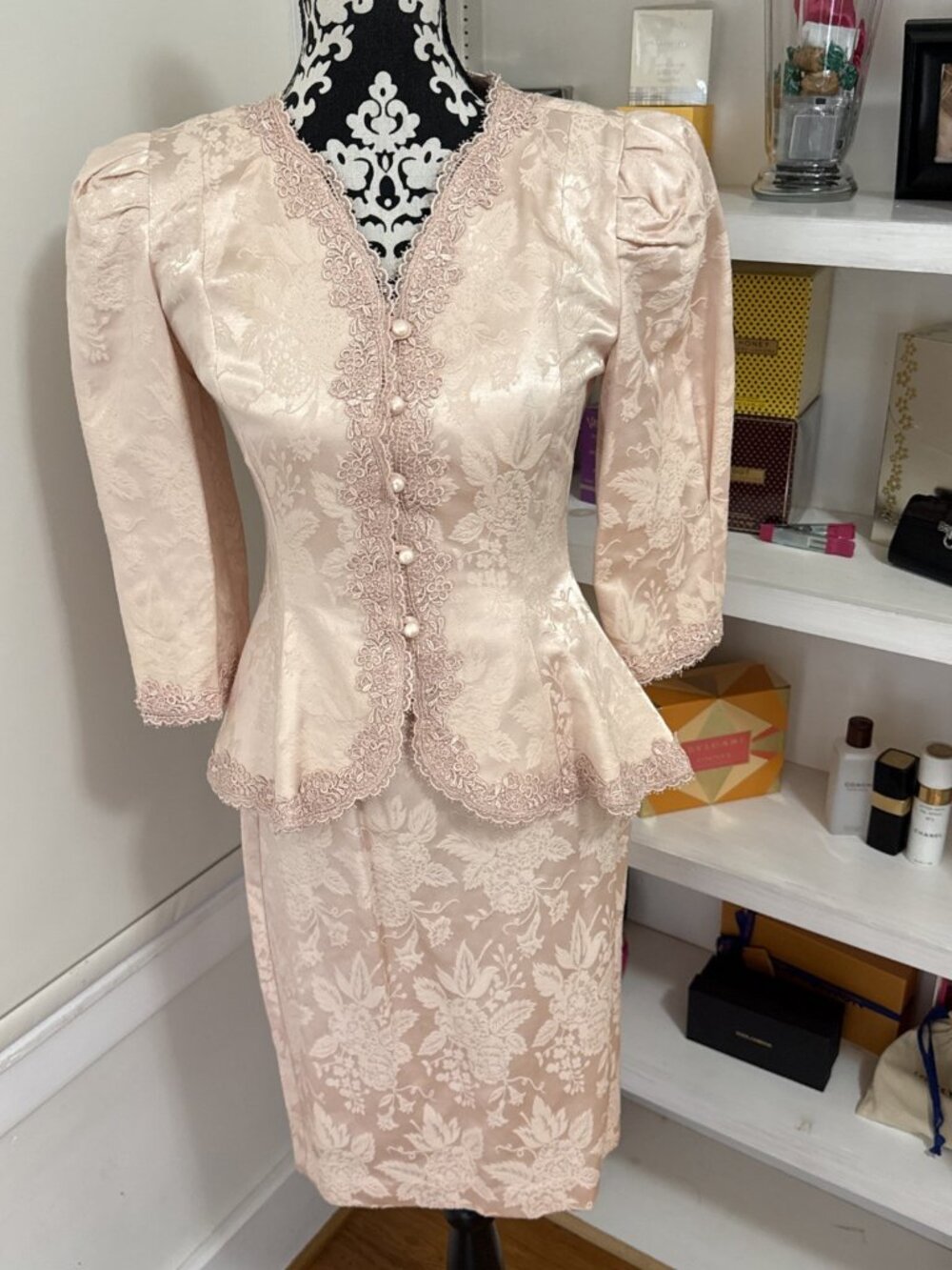 Stunning Vintage Cachet by Bari Protas, Top and Skirt, Pink tape and lace. 35X25